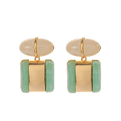 Medium Aquamarine Alloy Resin Stud Earrings for Women, Square, Golden, Medium Aquamarine, 40x25mm