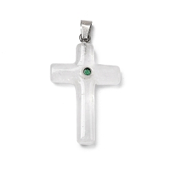 Хрусталь Подвески-кресты из натурального кварца, подвески из горного хрусталя, с латунными микро проложить кубических выводы циркония, платина, стойки покрытие, 44.5~45x27.5~28.5x7~8.5 мм, отверстие : 4x6.5 мм