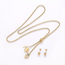 Doré  304 définit bijoux en acier inoxydable, pendentifs et boucles d'oreille, avec l'émail et strass, hamsa main / main de fatima / main de miriam et lock, or, collier: 29.9 pouces (76 cm), Boucles d'oreilles: 20x8 mm, pin: 0.8 mm