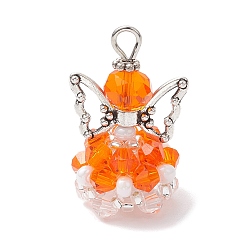 Темно-Оранжевый Стеклянные подвески, угол, с бусинами-крылышками из сплава и железной петлей, граненые, темно-оранжевый, 29x18x16 мм, отверстие : 3 мм