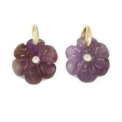 Amethyst Natural Amethyst Pendants, Flower Charms with Brass Micro Pave Cubic Zirconia Findings, Golden, 16.5~17x15~16x4.5~5.5mm, Hole: 4.4x4mm