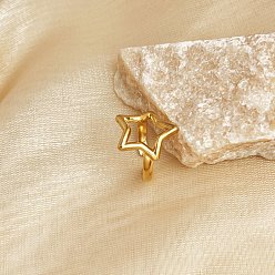 Настоящее золото 18K 304 открытые манжеты-кольца из нержавеющей стали в форме полой звезды для женщин, реальный 18 k позолоченный, 17.5 мм, регулируемый
