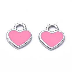 Ярко-Розовый 201 прелести нержавеющей стали, с эмалью, сердце, цвет нержавеющей стали, ярко-розовый, 12x10.5x1.5 мм, отверстие : 2 мм