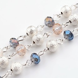 Mixed Color Silver Color Plated Brass Electroplate Glass Beads Handmade Chains, Unwelded, with Textured Beads, Mixed Color, 39.3 inch