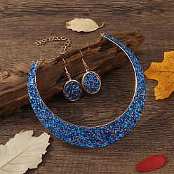 Озёрно--синий Комплект из овального чокера с пайетками и серег-подвесок из сплава, золотые, Плут синий, 450 мм