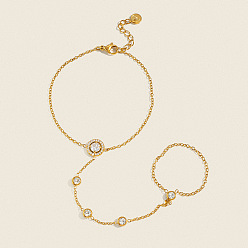 Golden 304 Stainless Steel Pave Flat Round Clear Cubic Zirconia Hand Chain Ring Bracelets for Women, Golden, 6.69 inch(17cm)
