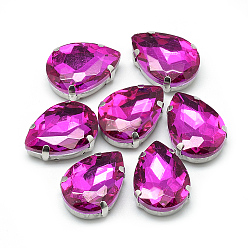 Камелия Шить на горный хрусталь, многожильных ссылки, стекло горный хрусталь, с 201 зубцами из нержавеющей стали, аксессуары для одежды, граненые, слеза, камелия, 18x13x6.5 мм, отверстие : 0.8~1 мм