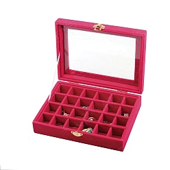 Cerise Velvet Jewelry Storage Box with 24 Compartments, Visible Window Jewelry Organizer Display Case for Earrings Rings Necklaces, Rectangle, Cerise, 15x20x5cm