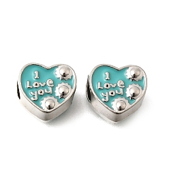 Бирюза Эмали сплава Европейский бисером, бусины с большим отверстием, Сердце со словами «Я люблю тебя» и цветок, платина, бирюзовые, 10x10x7 мм, отверстие : 4.5 мм