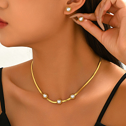 Золотой Комплекты из сережек-гвоздиков из нержавеющей стали и искусственного жемчуга, а также цепочек-змейек для женщин., золотые, ожерелья: 15.75 дюйм (40 см)