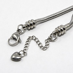Stainless Steel Color 304 Stainless Steel European Round Snake Chains Bracelets, with Lobster Claw Clasp and Heart Charms, Stainless Steel Color, 160x3mm