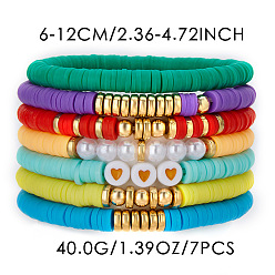 (52) Непрозрачная лаванда 7 Набор эластичных браслетов для женщин с узором в виде сердечек из полимерной глины, пластиковых бусин и жемчуга, а также пластиковых бусин CCB., разноцветные, внутренний диаметр: 2.56~5.12 дюйм (6.5~13 см)