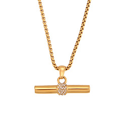 Crystal 304 Stainless Steel Rhinestone T Bar Pendant Necklaces for Women, Real 18K Gold Plated, Crystal, 15.75 inch(40cm)