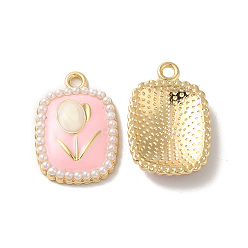Pink Rack Plating Alloy Enamel Pendants, with ABS Plastic Imitation Pearl, Nickel Free, Rectangle with Flower, Pink, 22x15x4mm, Hole: 2mm