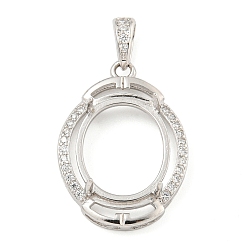 Платинированный Настройки Серебряный кулон кабошон 925 стерлингов, Настройки зубца, с кубического циркония, настройки гвоздя горного хрусталя, Настройки зубца, овальные, Реальная платина, 22.5x16x6 мм, отверстие : 3x3.4 мм, лоток : 12x10 мм