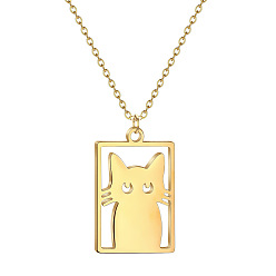 Золотой 304 Прямоугольное ожерелье из нержавеющей стали, вырезанное лазером, с подвеской в форме кошки., золотые, 15.75 дюйм (40 см)