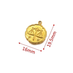 Libra 304 Stainless Steel Pendant, Golden, Flat Round with Constellation Charm, Libra, 19.5x16mm