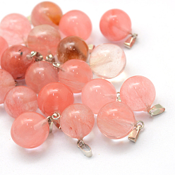 Вишневый Кварц Круглые окрашенные стеклянные подвески вишня кварц, с латунной фурнитурой платинового цвета, 17~19x13~14 мм, отверстие : 2x7 мм