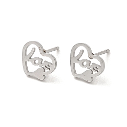 Stainless Steel Color 304 Stainless Steel Stud Earrings, Love Heart, Stainless Steel Color, 7.5x9mm