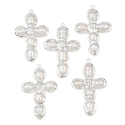 Платина Натуральный жемчуг большие подвески, с латунной фурнитурой , крест прелести, белые, платина, 54~58x35~37x9~10 мм, отверстие : 1.8~2 мм