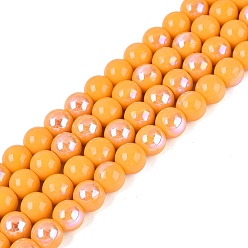 Оранжевый Гальванические непрозрачные стеклянные бусины, круглые, с покрытием цвета радуги, с половиным покрытием, оранжевые, 6~6.5 мм, отверстие : 0.8~1 мм, около 67~72 шт / нитка, 14.57~15.35 дюйм (37~39 см)