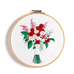 Red Flower Pattern DIY Embroidery Starter Kits, Including Embroidery Cloth & Thread, Needle, Instruction Sheet, Red, 330x330mm