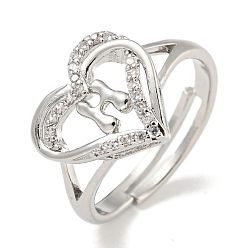 Letter H Регулируемые кольца из латуни с микро-паве в форме сердца и стойки для писем для женщин с прозрачным фианитом, без свинца и без кадмия, платина, Письмо ч, внутренний диаметр: 16 мм