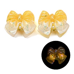 Gelb Leuchtende, undurchsichtige Harz-, Strass- und Polymerclay-Perlen, Schleife, mit Glitzerpulver, Leuchten im Dunkeln, Gelb, 32~34x39~41x22~24 mm, Bohrung: 2~3 mm