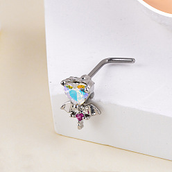 Сердце Стиль бохо 304 L-образные кольца для носа из нержавеющей стали с прозрачным ab и темно-розовыми кубическими цирконами, цвет нержавеющей стали, сердце, 8 мм