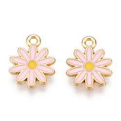 Бледно-Розовый Сплав эмали прелести, хризантема, золотой свет, розовый жемчуг, 13x9x1 мм, отверстие : 1.4 мм