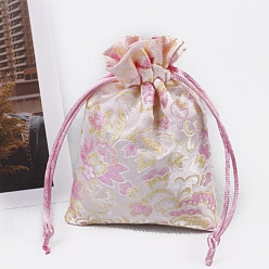 Pearl Pink Chinese Style Rectangle Satin Cloth Flower Printed Drawstring Gift Bags, Storage Bags, Pearl Pink, 12x9cm