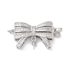 Platinum Brass Micro Pave Clear Cubic Zirconia Box Clasps, with Pin for Half Drilled Beads, Bowknot, Platinum, 28.5x15.5x5.5mm, Hole: 2.4mm, Pin: 0.8mm