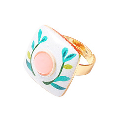 Square Adjustable Alloy Enamel & Resin Cuff Finger Rings, Golden, Square, Inner Diameter: 17.8mm