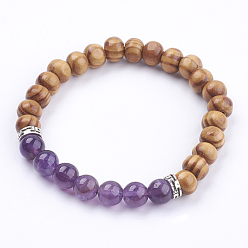 Аметист Природный аметист браслеты простирания, с деревянными бусинами и бисером сплава, сумки мешковины, 2-1/8 дюйм (54 мм)