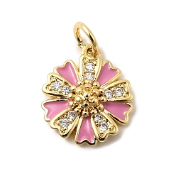 Бледно-Розовый Стойки обшивки латунные подвески, с кубического циркония и эмали, , долговечный, без свинца и без кадмия, с целью перехода в кольце, реальный 18 k позолоченный, розовый жемчуг, 14x12.5x4 мм, отверстие : 3.5 мм