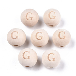 Letter G Unfinished Natural Wood European Beads, Large Hole Beads, Laser Engraved Pattern, Round with Word, Letter.G, 15~16x14~15mm, Hole: 4mm