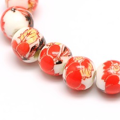 Naranja Rojo Cuentas de cerámica de la porcelana de la flor hecha a mano impresa hebras, rondo, rojo naranja, 6 mm, agujero: 2 mm, sobre 60 unidades / cadena, 13 pulgada