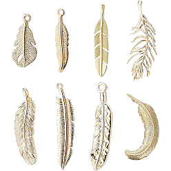 Real 18K Gold Plated 16Pcs 8 Style Brass Pendants, Nickel Free, Feather, Real 18K Gold Plated, 2pcs/style