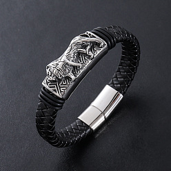 Античный Серебристый & Цвет Нержавеющей Стали Браслеты из плетеного шнура из искусственной кожи в стиле панк, 304 Браслеты с подвесками в виде тигра из нержавеющей стали для мужчин, с магнитной застежкой, старинное серебро и цвет нержавеющей стали, 8.27 дюйм (21 см)