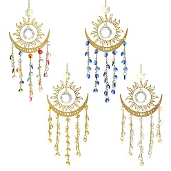 Mixed Color Brass & 304 Stainless Steel Sun Moon Suncatchers, Glass Flat Round Charm for Outdoor Garden Wall Hanging Decor, Mixed Color, 320mm