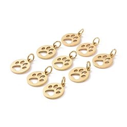 Golden 304 Stainless Steel Pendants, Flat Round with Dog Paw Prints, Golden, 14x12x1.1mm, Hole: 4mm