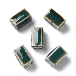 Teal Handmade Porcelain Beads, Cuboid, Teal, 12~13x7~7.5x7~7.5mm, Hole: 2.5mm