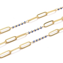 Blue Golden Plated Handmade Enamel Beaded Chains, Brass Paperclip Chains, Long-Lasting Plated, Soldered, with Spool, Blue, Link: 15x5x0.7mm and 5x1.7x2mm, about 32.8 Feet(10m)/roll