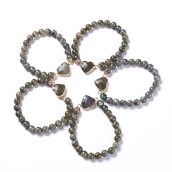 Лабрадорита Браслеты с сердечками из натурального лабрадорита, с легкой позолоченной латунной фурнитурой, круглые, внутренний диаметр: 2-1/2 дюйм (6.45 см)