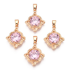 Real 18K Gold Plated Brass Micro Pave Pink Cubic Zirconia Pendants, Cadmium Free & Nickel Free & Lead Free, Flower Charm, Real 18K Gold Plated, 21.5x17x5.5mm, Hole: 4.5x3.5mm
