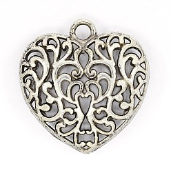 Античное Серебро Полые тибетском стиле сплава сердца подвески, без кадмия и без свинца, античное серебро, 50x49x16 мм, отверстие : 5 мм