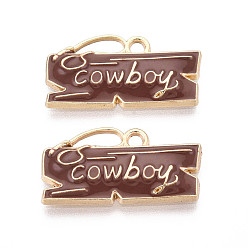 Сиена Подвески из эмали и сплава, золотые, прямоугольник со словом ковбой, цвет охры, 11.5x22.5x2 мм, отверстие : 2 мм