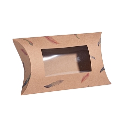 BurlyWood Paper Pillow Boxes, Gift Candy Packing Box, with Clear Window, Feather Pattern, BurlyWood, 17.5x10.05x3.85cm