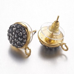 Golden Brass Stud Earring Findings, with Loop, with Rhinestones, Flat Round, Golden, 12x5mm, Hole: 2mm, Pin: 0.6mm