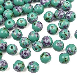 Turquoise Printed Handmade Porcelain Beads, Round, Turquoise, 10mm, Hole: 2mm